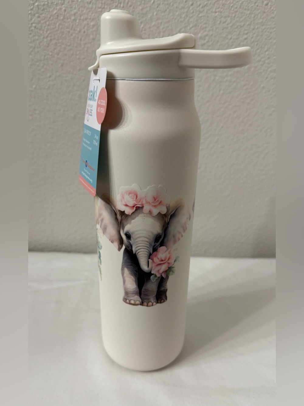 Zak! 24oz Vacuum Insulated Water Bottle |  Decorated with Baby Elephants | NWT